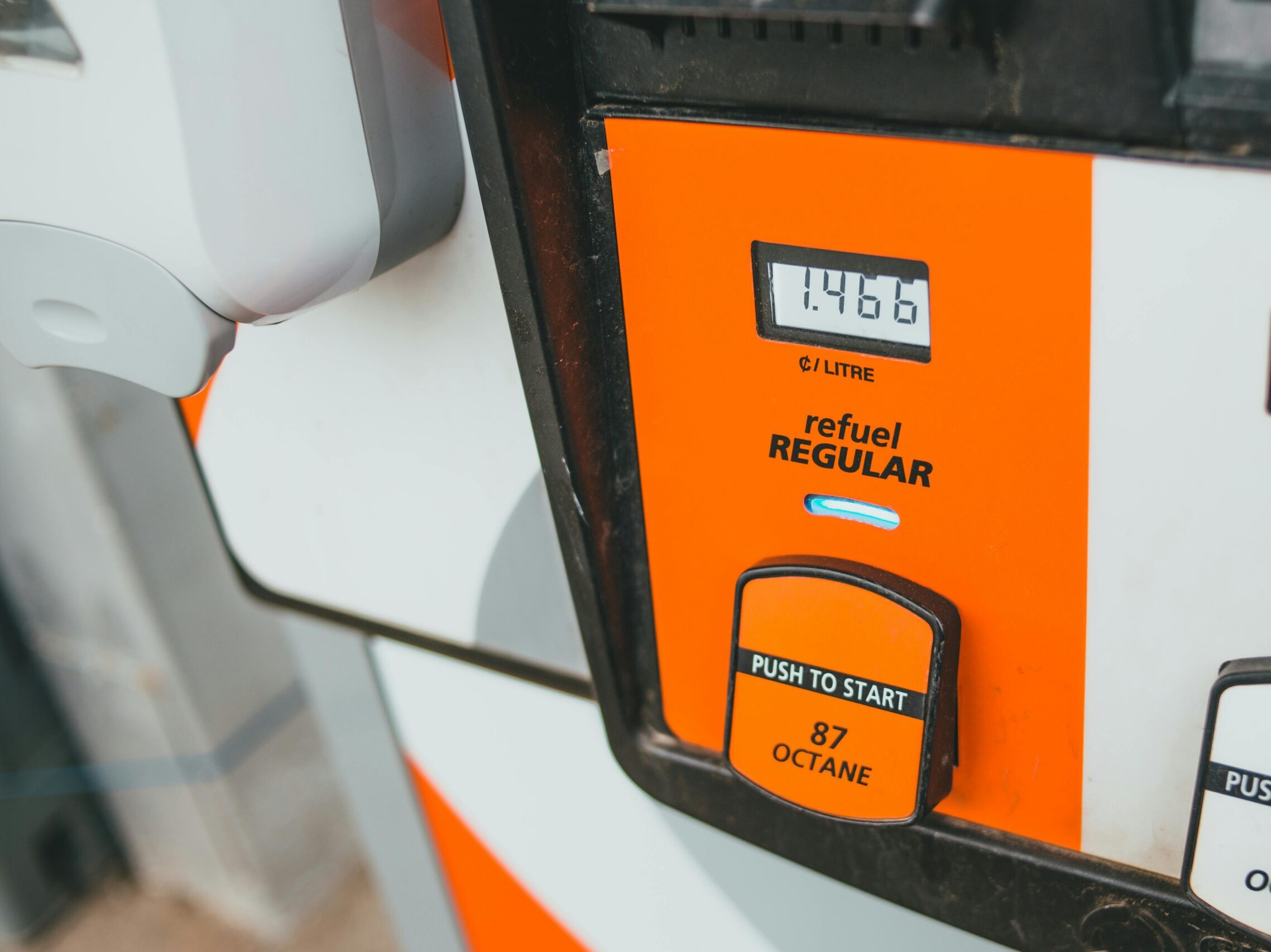 Detailed view of a gas pump showing price and octane level 87.